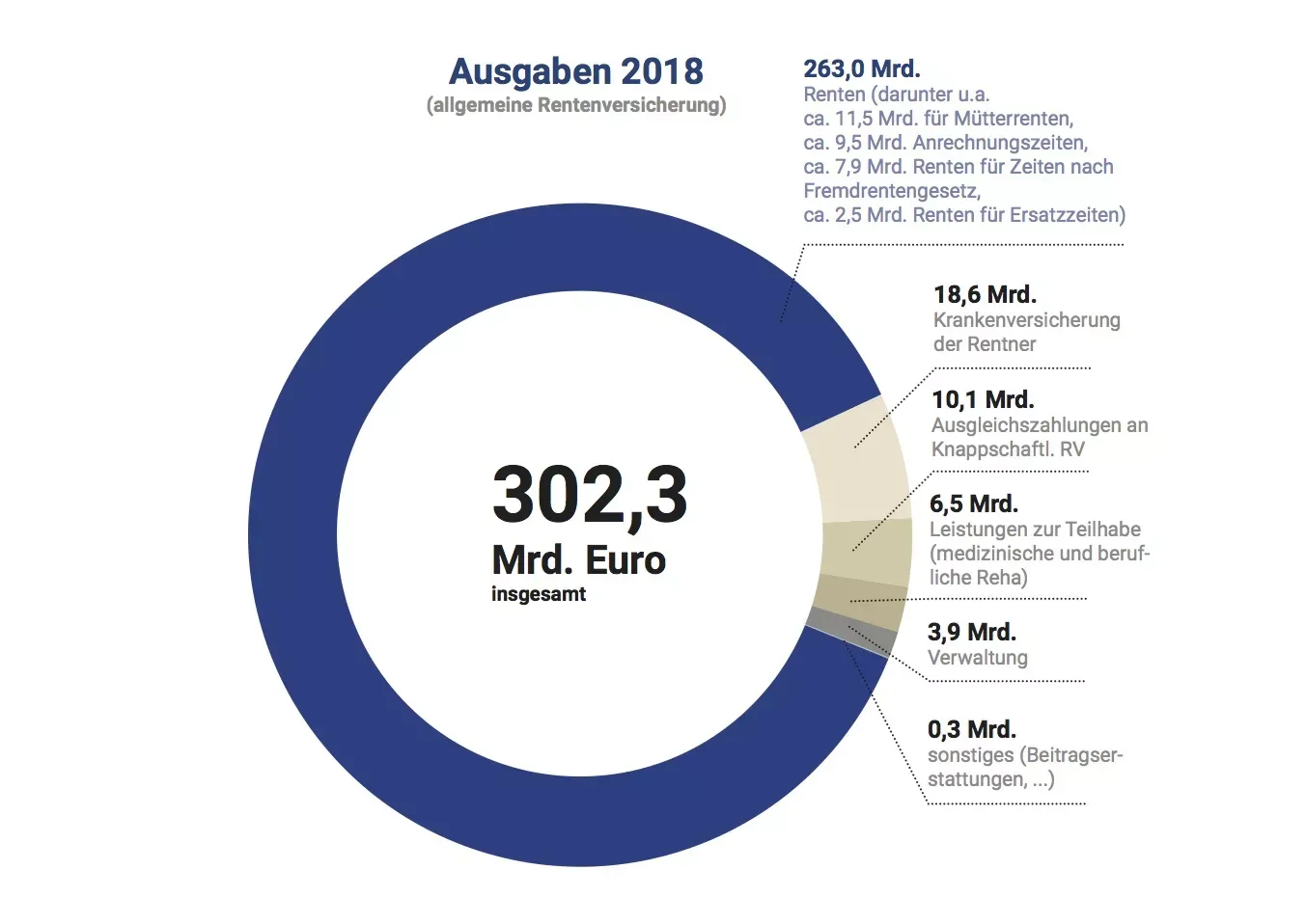 Die Grafik zeigt die Ausgaben der Deutschen Rentenversicherung im Jahr 2018, aufgeschlüsselt nach Ausgaben für Renten (Altersrenten, Erwerbsminderungsrenten, Mütterrente), Krankenversicherung der Rentner, medizinische und berufliche Reha und Verwaltung.