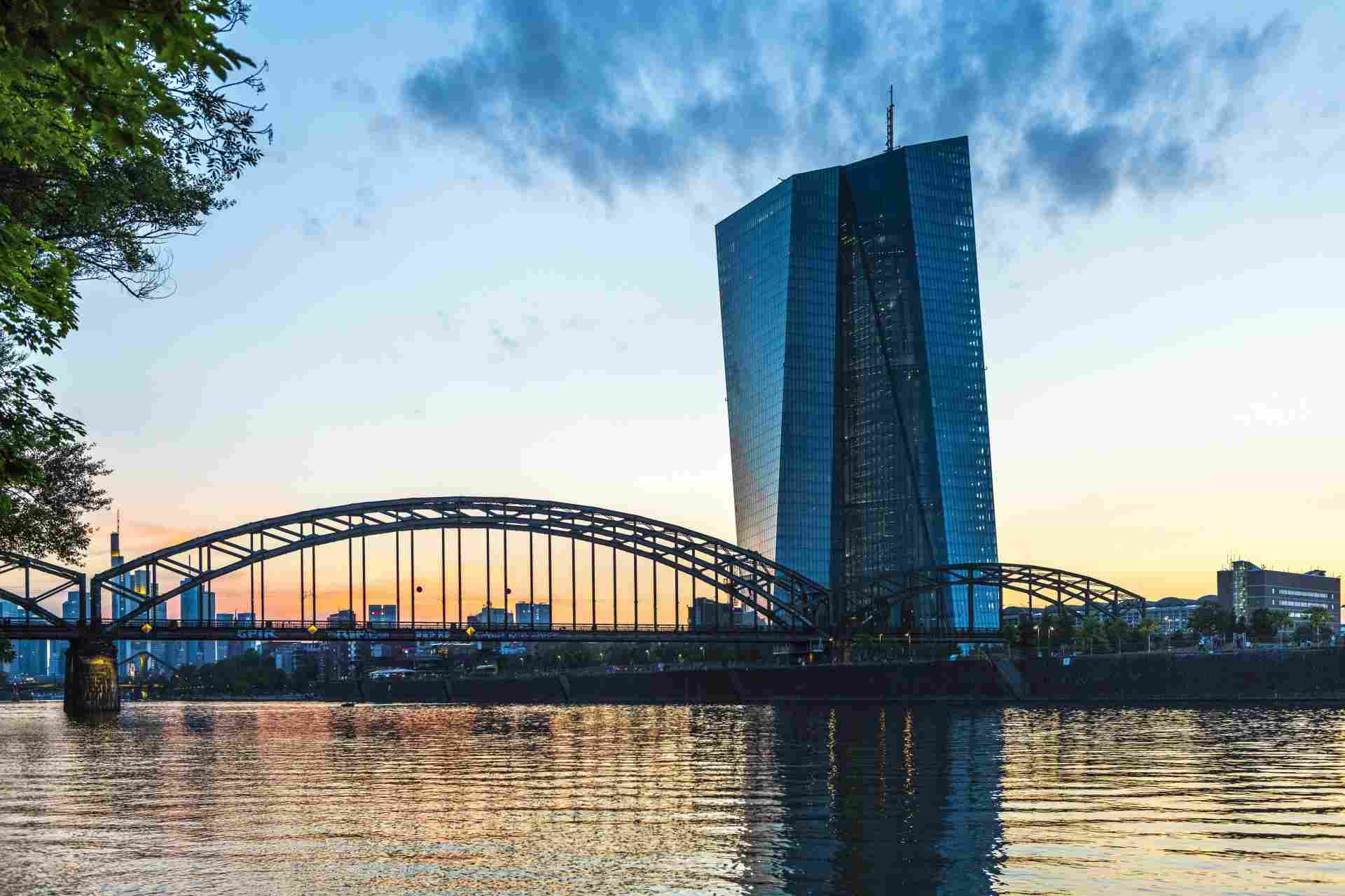 Europäische Zentralbank EZB Skyline bei Abenddämmerung. Bild: IMAGO / imagebroker / Georg Stelzner